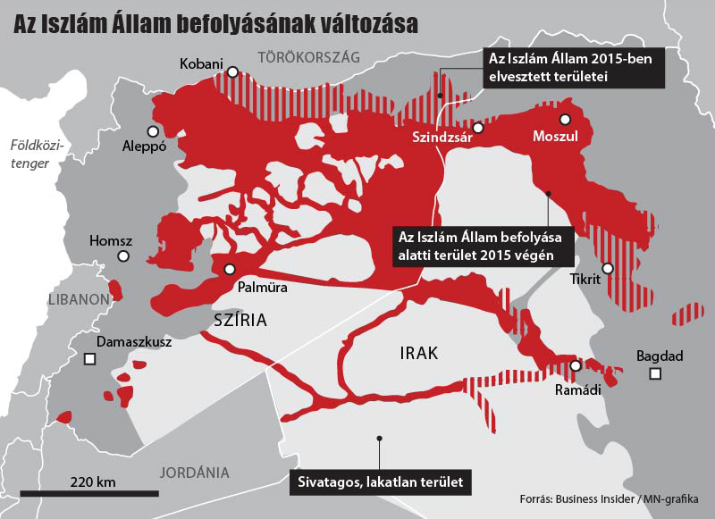 Az Iszlám Állam által uralt területek 2015-ben. A terrorszervezet nagyrészt a szunnita többségű területeket foglalta el Irakban és Szíriában.
