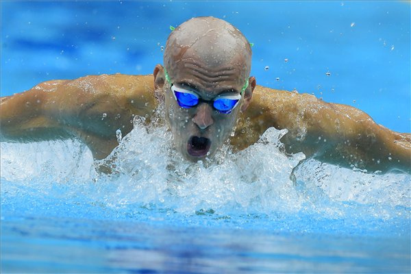 A későbbi második helyezett Cseh László a férfi 200 méteres pillangóúszás döntőjében a 17. vizes világbajnokságon a Duna Arénában.