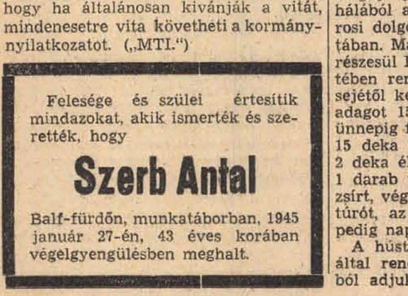 Ma van Szerb Antal halálának évfordulója is